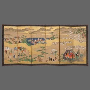 Large 6 panel byobu with genre painting on gold