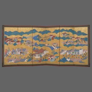 Tall 6 panel screen Tosa School 土佐派 genre painting on gold leaf