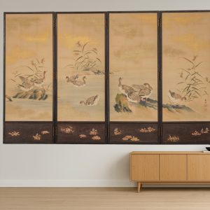 4-Panel folding screen ducks swimming among reeds and grasses