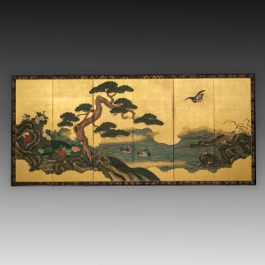 Tall screen Kanô School-style painting on gold leaf