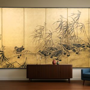 Folding screen geese on gold by Araki Jippô
