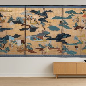 Six-panel Japanese folding screen 屏風 (byôbu) painting of everyday life during the Edo period.