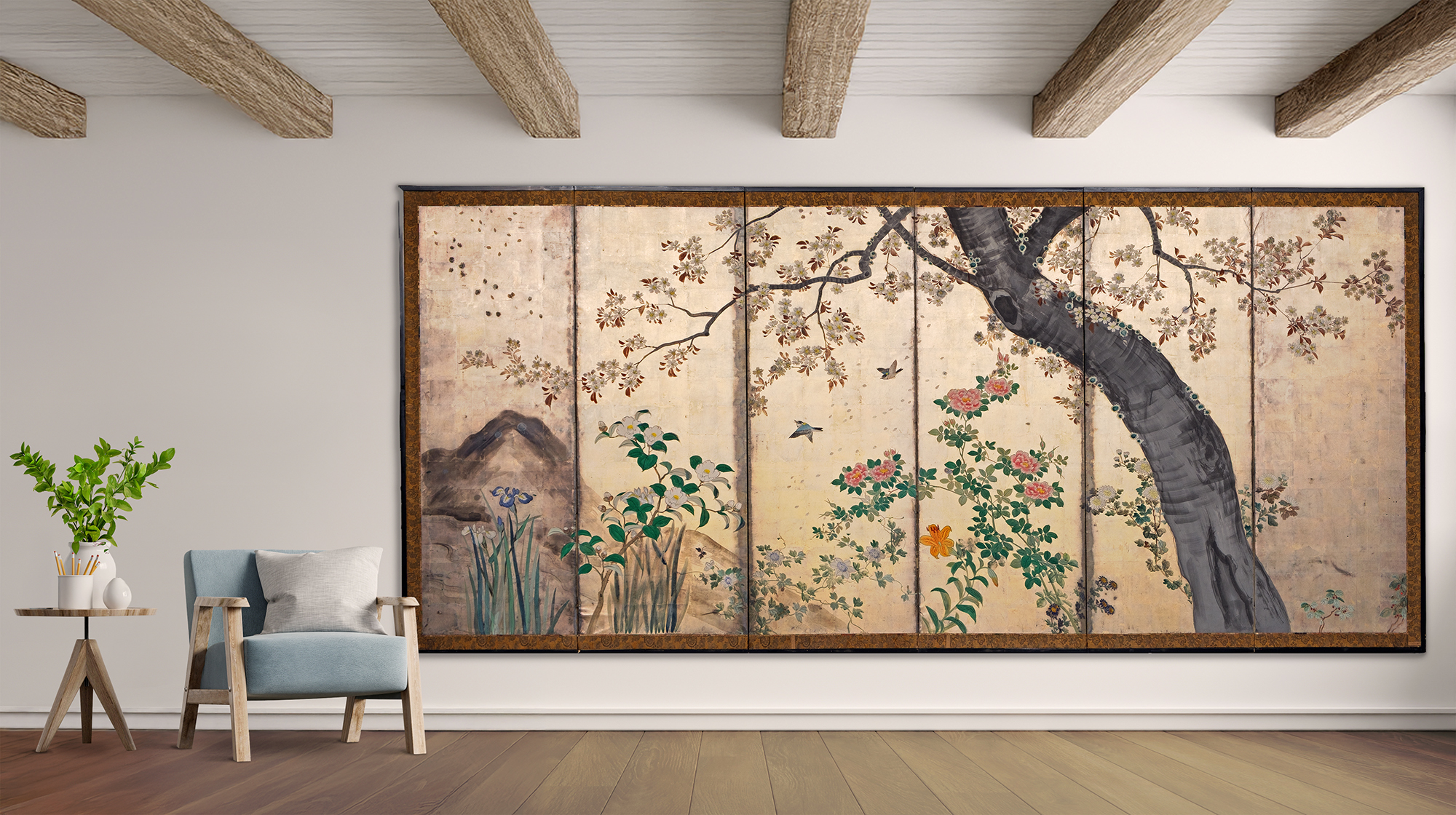 Superb folding screen spring garden on silver leaf