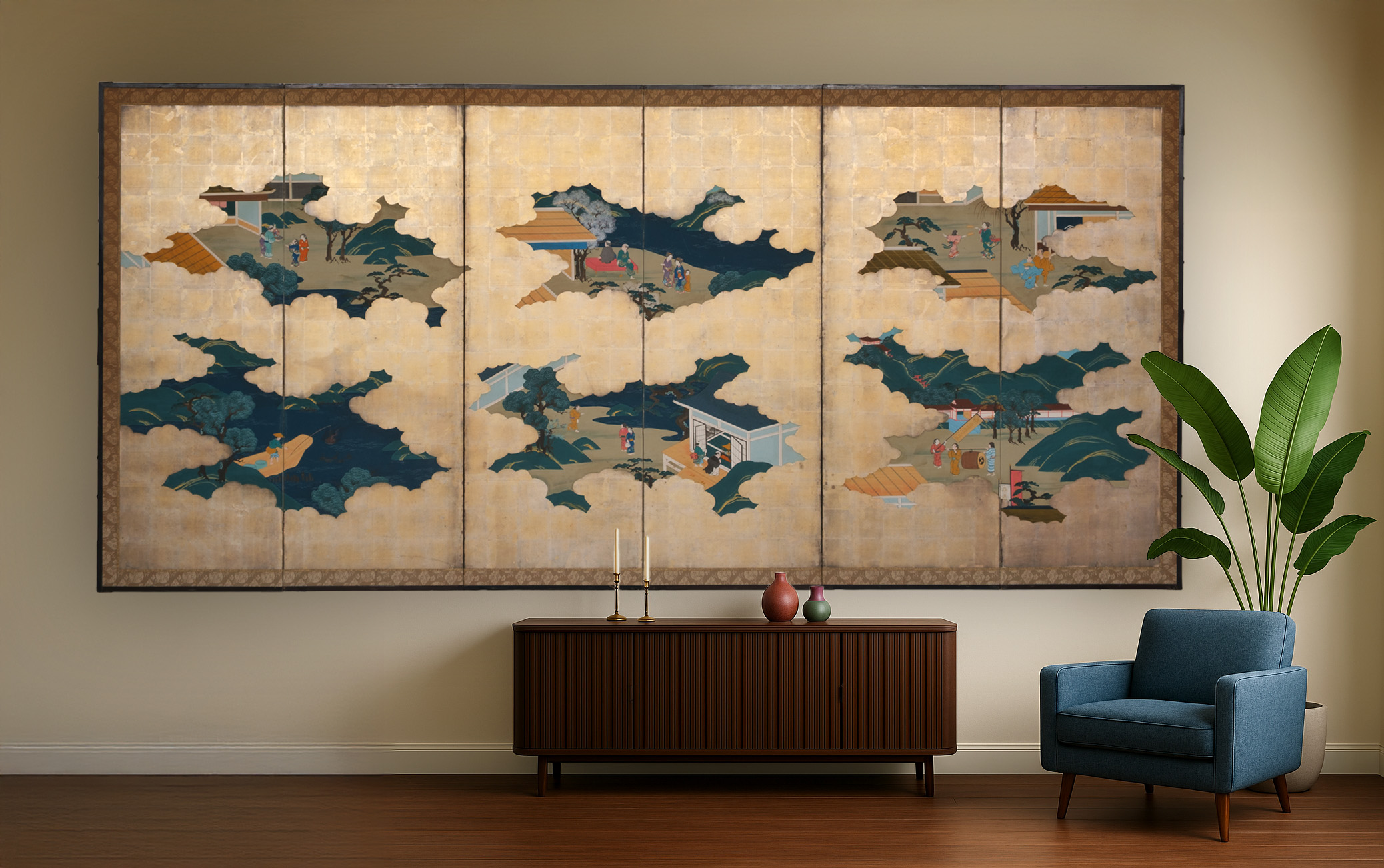 Six-panel folding screen daily life in Edo-period