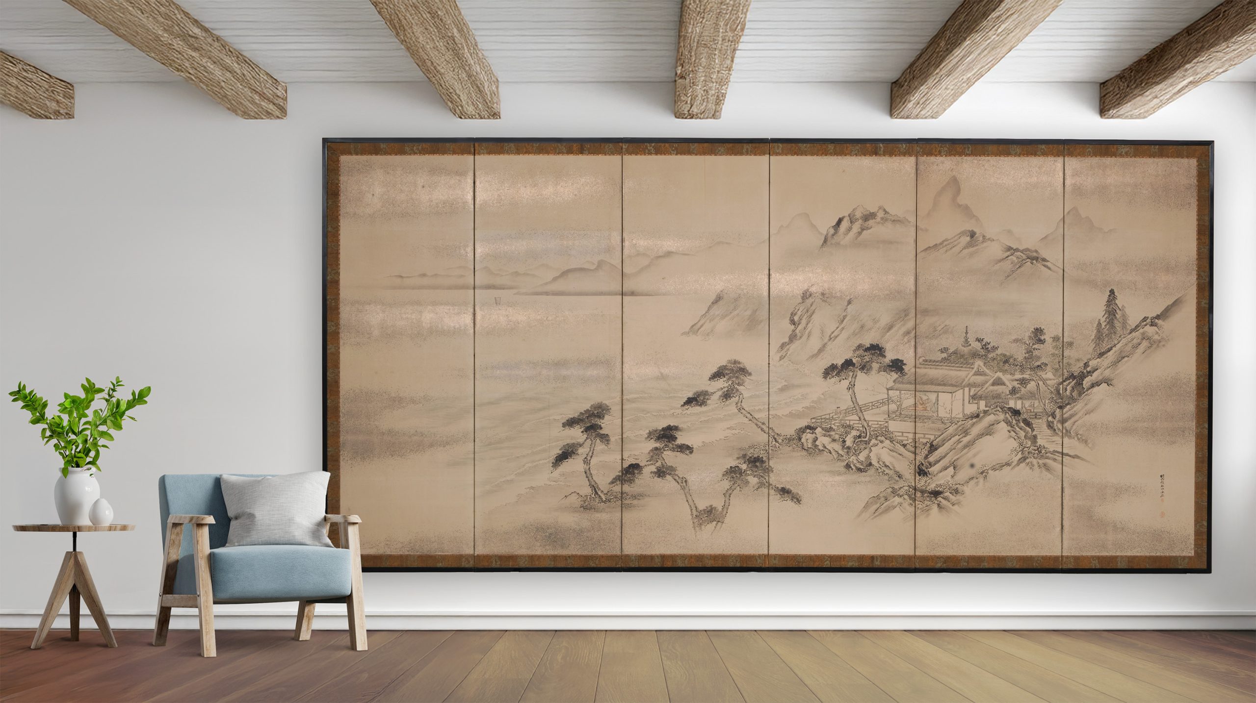 Screen waterside landscape by Kanô Eigaku 狩野永岳 (1790–1867)