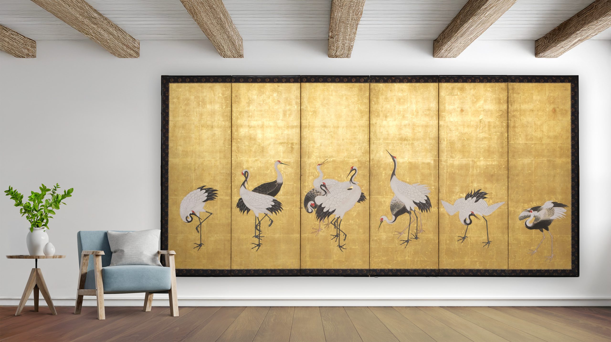 Tall screen cranes on gold leaf - Image 2