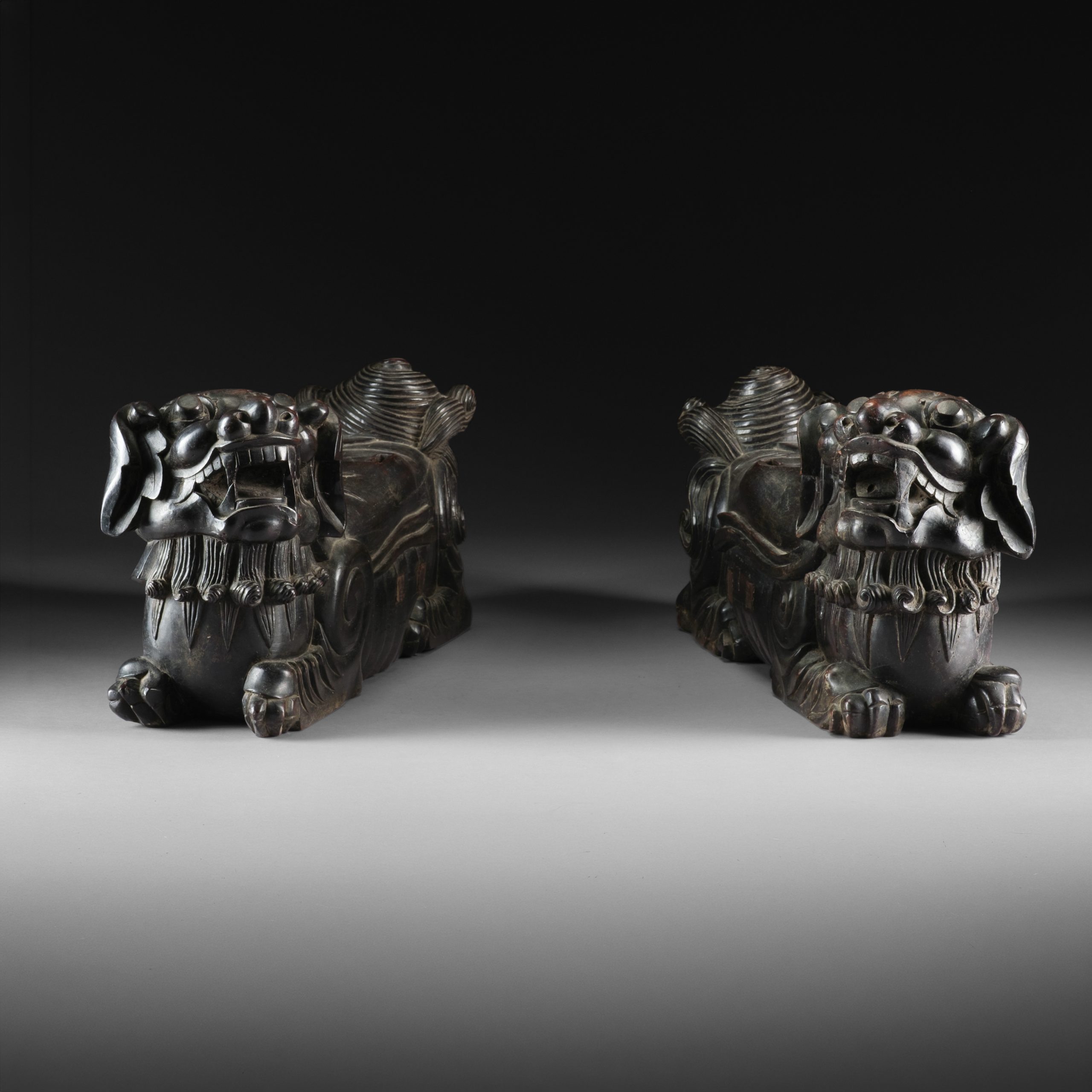 Pair of hardwood ornaments carved as shishi 獅子 (guardian lions)