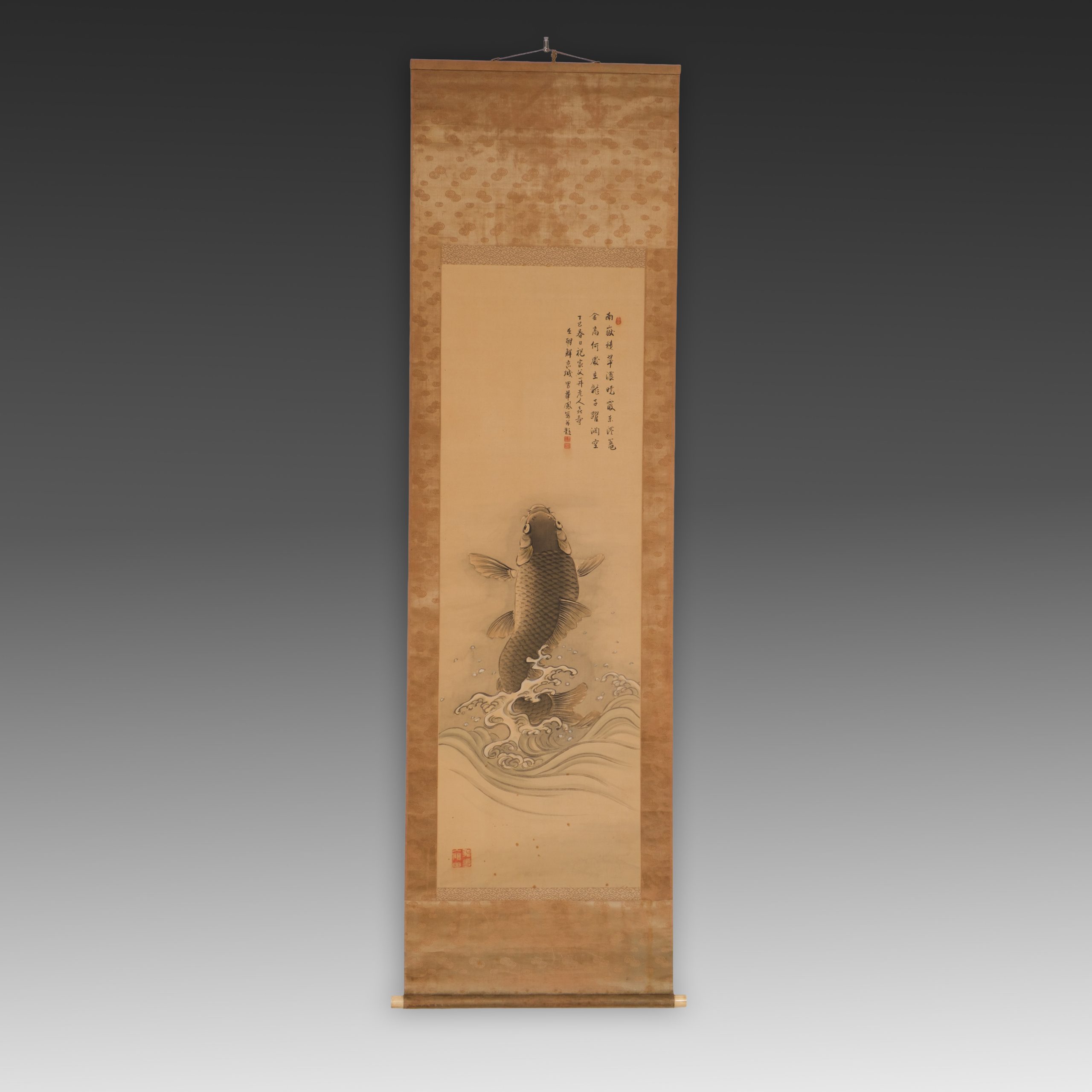 Hanging scroll of leaping koi